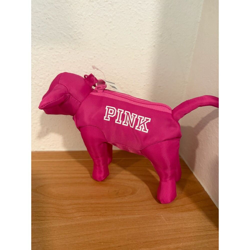 Victoria's Secret PINK Hot Pink Plush Dog Zipper Pouch Bag NWT